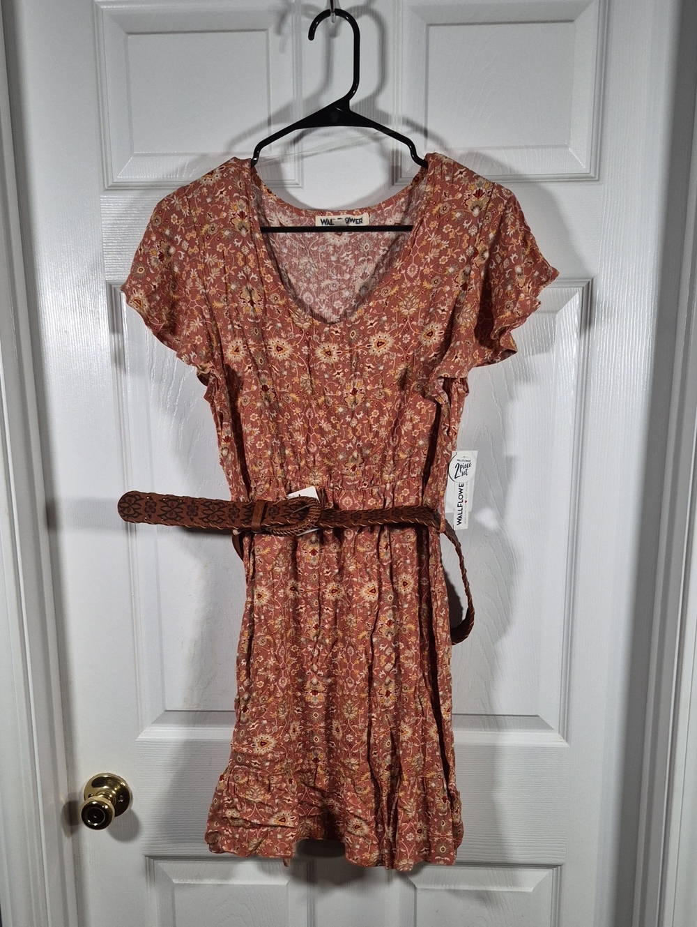 Wallflower Rust Orange Floral Mini Dress with Braided Brown Belt